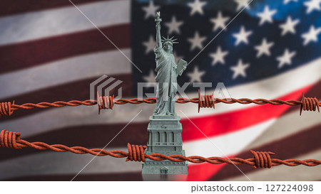 The Statue of liberty and barbed wire on America flag 3d Rendering. 127224098