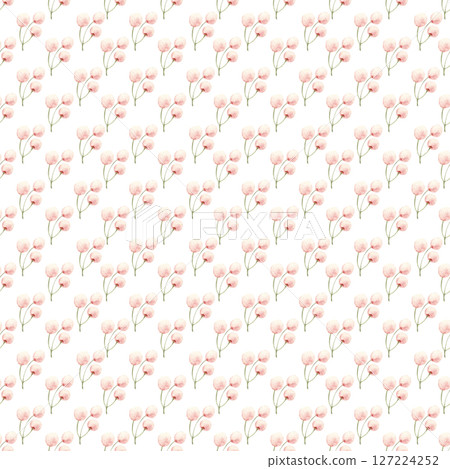 Pink berries on green stems seamless watercolor pattern on white background. Hand-painted for use in textile prints, gift wrap, packaging design, branding, stationery, and seasonal decor. Minimalistic 127224252