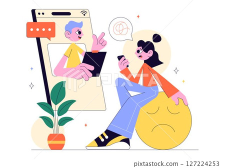 Online Therapist Consultation Vector Illustration Featuring Psychological Counseling and Practice via Smartphone Video Call on Screen in a Background Online Therapist Consultation Vector Illustration Featuring Psychological Counseling and Practice via Smartphone Video Call on Screen in a Background 127224253