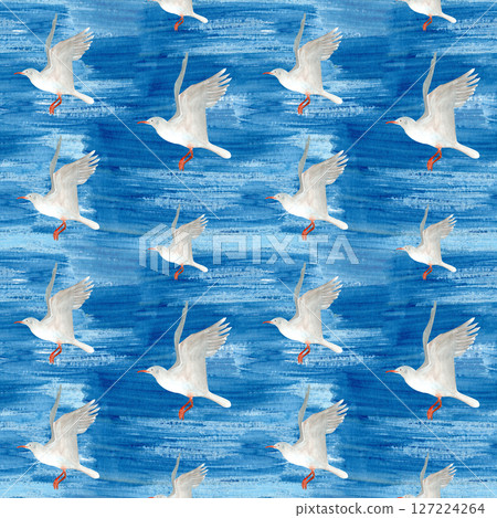 Flying seagull watercolor seamless pattern on blue background. High quality hand-drawn clip art for cards, stationary, scrapbooking, wrapping paper, sea tourism products, dishes, textile decor design 127224264