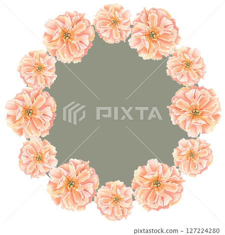 Peach peonies arranged in a circle, watercolor floral wreath, Hand painted ideal for wedding invitations, monograms, stationery, branding, packaging, romantic event decoration design. Olive-grey 127224280