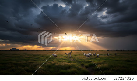 Sunlit Landscape with Sheep Grazing Under Dramatic Sky and Clouds 127224329