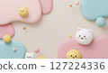 Playful 3D Abstract Scene with Cute Character Elements in Pastel Colors 127224336