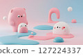 Playful 3D Abstract Scene with Cute Character Elements in Pastel Colors 127224337