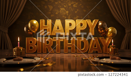 Colorful Birthday Celebration with Cakes, Candles, Balloons, and Decorations 127224341