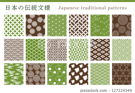 一套日本傳統圖案無縫圖案.日本圖案背景向量插圖。 127224349