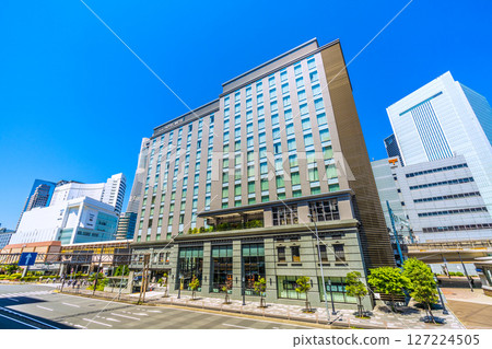 Yokohama cityscape in Japan. View of Yokohama Landmark Tower, Hotel Mets, Sakuragicho Station New South Exit, Yokohama City Hall, etc. 127224505