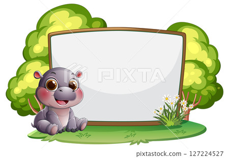 Cute Hippo with Blank Signboard 127224527