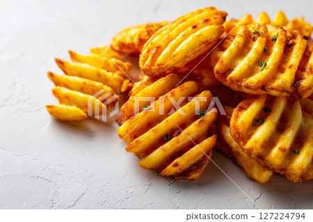 Waffle fries in sunny corner, pastel yellow background, clean style with ambient candlelight glow 127224794