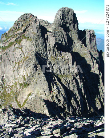A view of the Gendarme from the summit of Mt. Okuhotakadake and the trail leading to Mt. Nishihotakadake (A full view of the Gendarme in midsummer, Yari-Hotaka trail) A view of the Gendarme from the summit of Mt. Okuhotakadake and the trail leading to Mt. Nishihotakadake (A full view of the Gendarme in midsummer, Yari-Hotaka trail) 127224873