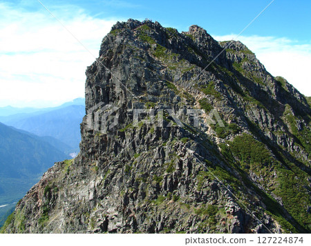 A view of the Gendarme from the summit of Mt. Okuhotakadake and the trail leading to Mt. Nishihotakadake (A full view of the Gendarme in midsummer, Yari-Hotaka trail) 127224874