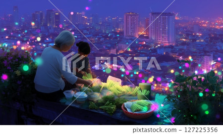 Elderly woman and child preparing food at night in a vibrant city with colorful lights in the background Elderly woman and child preparing food at night in a vibrant city with colorful lights in the background 127225356