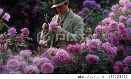Man tending to pink roses in a garden during springtime, capturing the essence of nature's beauty 127225382