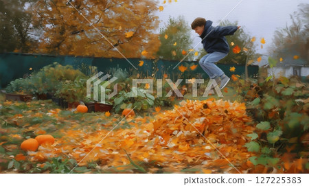 Joyful child leaps into a colorful pile of autumn leaves in a vibrant garden filled with pumpkins 127225383