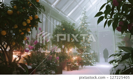 Winter wonderland in a greenhouse with snow-covered plants and a festive atmosphere during a chilly evening 127225405