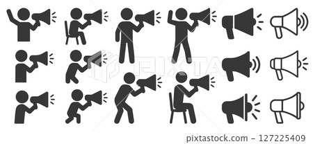 Human figure and megaphone icon shape symbol. Stick man Voice sound speech logo silhouette sign. Vector illustration image. Isolated on white background. Human figure and megaphone icon shape symbol. Stick man Voice sound speech logo silhouette sign. Vector illustration image. Isolated on white background. 127225409