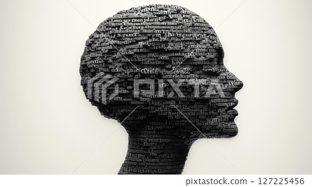 A human brain constructed entirely from letters of the alphabet and various texts. The concept of Idea, Knowledge, Creative, Language, and Intelligence. Generative AI. 127225456