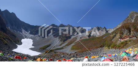 The first snow on the Hotaka mountains and autumn in Kamikochi, with autumn leaves decorating the Karasawa hiking trail (best time to see) - wide panoramic view 127225466