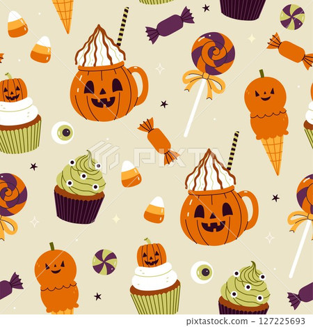 Seamless pattern with sweets and treats in Halloween style. Vector graphics 127225693