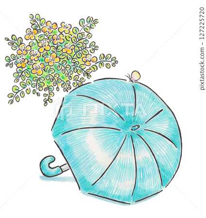 Illustration of a light blue umbrella, butterflies and yellow flowers 127225720