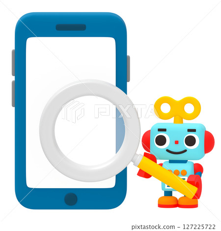 A cute robot with a magnifying glass and a smartphone A cute robot with a magnifying glass and a smartphone 127225722