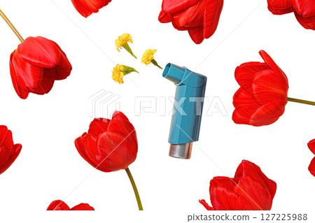 Flowers surround an inhaler on white, isolated on white 127225988