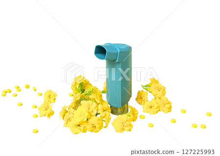 Inhaler with bright yellow flowers, isolated on white background 127225993