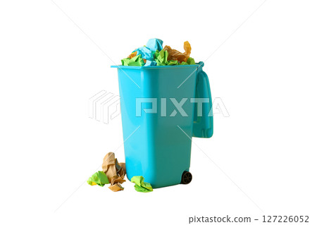 Colorful paper waste in recycling bin, isolated on white 127226052