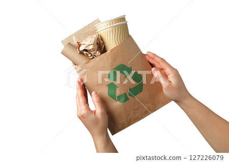 Hands ready to dispose of recyclables, isolated on white 127226079