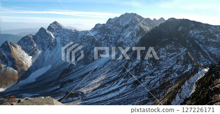 Panoramic view of the Karasawa Cirque snowfield in early winter, looking down from the summit of Okuhotakadake (Kamikochi on a cold winter morning in the morning mist) Panoramic view of the Karasawa Cirque snowfield in early winter, looking down from the summit of Okuhotakadake (Kamikochi on a cold winter morning in the morning mist) 127226171