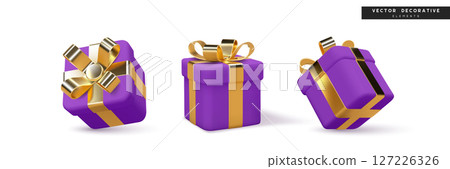 3D vector illustration of glossy purple gift boxes with shiny golden ribbons and bows. Perfect for holiday, birthday, celebration, and festive design projects. 127226326