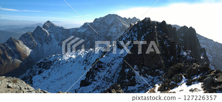 A wide panoramic view of the snow-covered Hotaka mountains and waterfalls from the summit of Mt. Kitahotakadake in early winter, from the afternoon to sunset/twilight A wide panoramic view of the snow-covered Hotaka mountains and waterfalls from the summit of Mt. Kitahotakadake in early winter, from the afternoon to sunset/twilight 127226357