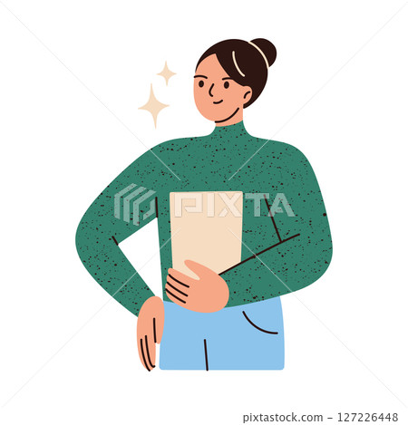 Confident businesswoman with papers in hand, standing with hand on hip. Vector illustration of female leadership, empowerment, office work, career success in cartoon style, isolated colored clipart 127226448