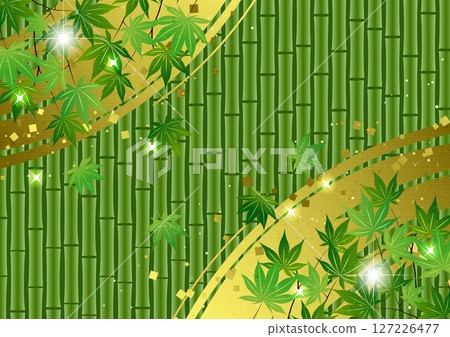 竹子和綠色楓葉，背景，插圖，對角線，可愛，日式，金箔 127226477