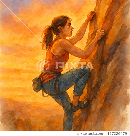 夕陽下的堅持 | 女人的挑戰時刻 | 夕陽下的登山者,女人的挑戰,水彩插畫 夕陽下的堅持 | 女人的挑戰時刻 | 夕陽下的登山者,女人的挑戰,水彩插畫 127226479