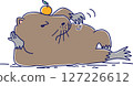 An illustration of a capybara lying on its side with a mandarin orange on its head and scratching its side 127226612