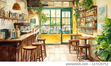Watercolor painting of a stylish cafeteria (Generative AI) 127226752