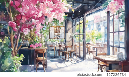 Watercolor painting of a stylish cafeteria (Generative AI) 127226784