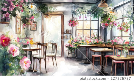Watercolor painting of a stylish cafeteria (Generative AI) 127226787