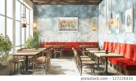 Watercolor painting of a stylish cafeteria (Generative AI) 127226810
