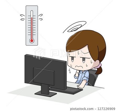 Illustration of a woman who can't concentrate on work because of the heat Illustration of a woman who can't concentrate on work because of the heat 127226909