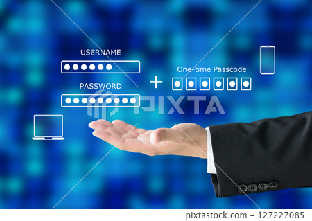 Businessman's hand holding up an image illustration of two-factor authentication 127227085