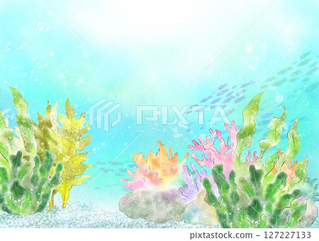 Watercolor illustration of colorful coral, blue sea, fish and seaweed Watercolor illustration of colorful coral, blue sea, fish and seaweed 127227133