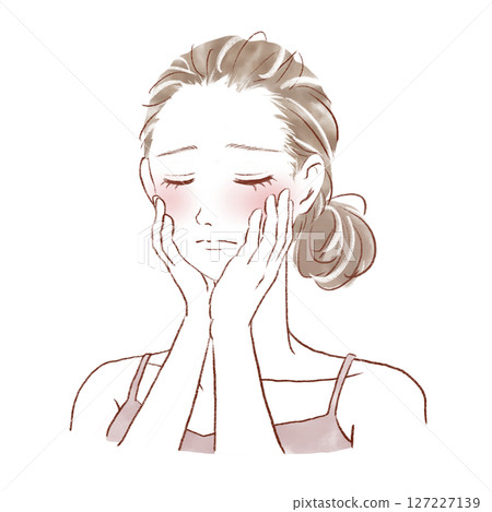 A beautiful woman with a sad expression, holding both hands on her cheeks A beautiful woman with a sad expression, holding both hands on her cheeks 127227139