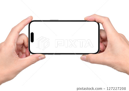 Material for image composition of person holding smartphone with both hands 127227208