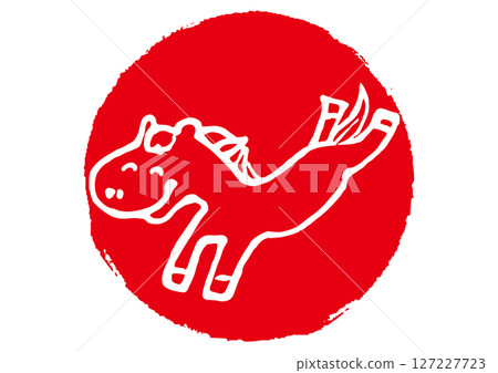 A stamp-style circular icon 2 of a fun horse illustration that can be used for New Year's cards for the Year of the Horse 127227723
