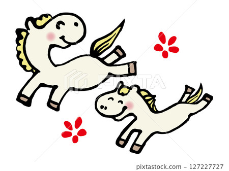 A hand-drawn illustration of two happy white horses that can be used for New Year's cards for the Year of the Horse 127227727