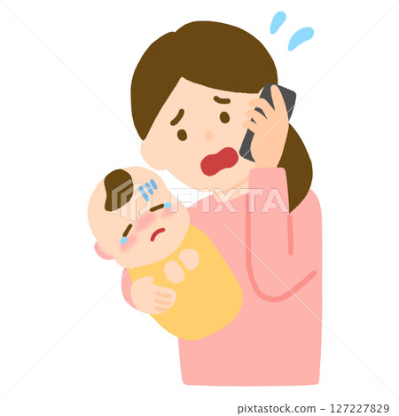 A mother calling in distress about her sick baby A mother calling in distress about her sick baby 127227829