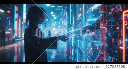 Metaverse Social Interaction - A digital avatar reaching out to shake hands in a neon cyber environment filled with holographic 127227898