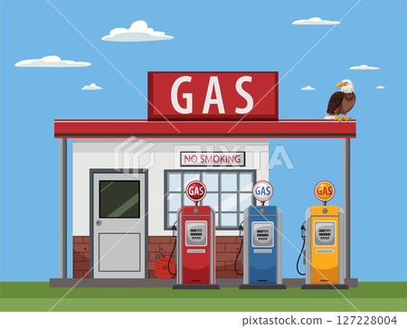 Vintage Gas Station with Colorful Pumps and Eagle Vintage Gas Station with Colorful Pumps and Eagle 127228004